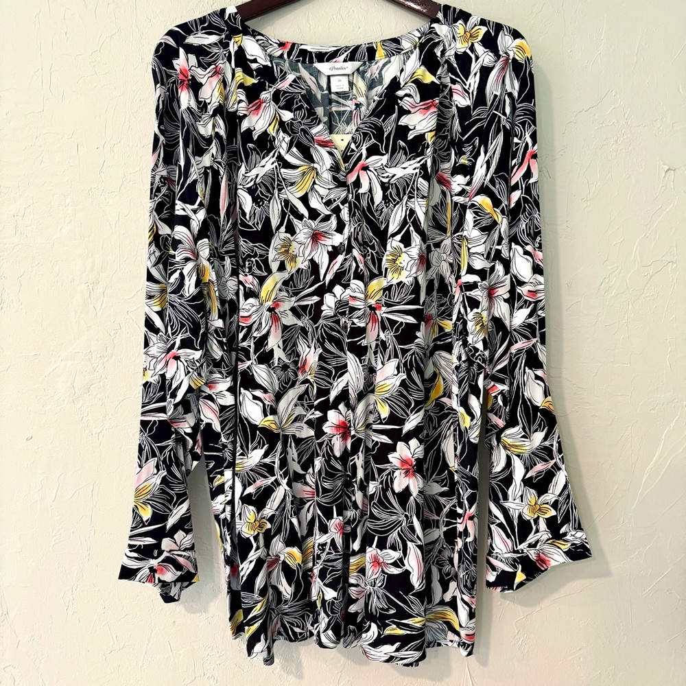 CJ Banks-Women’s Plus Button Down Black Floral Pattern Long Sleeve-Size 3X-NWT